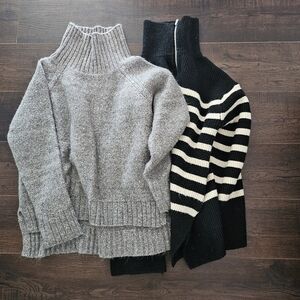 H&M Gray Ribbed Funnel Neck Sweater & Black White Striped Zip Sweater - Women